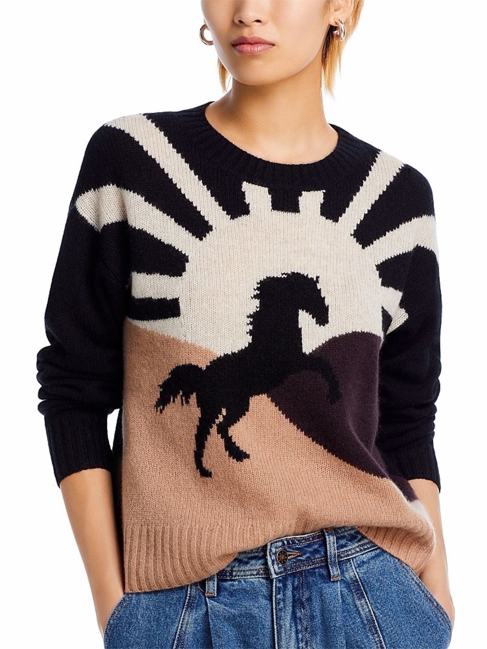 Aqua Horse Intarsia Graphic Crewneck Cashmere Sweater size Large